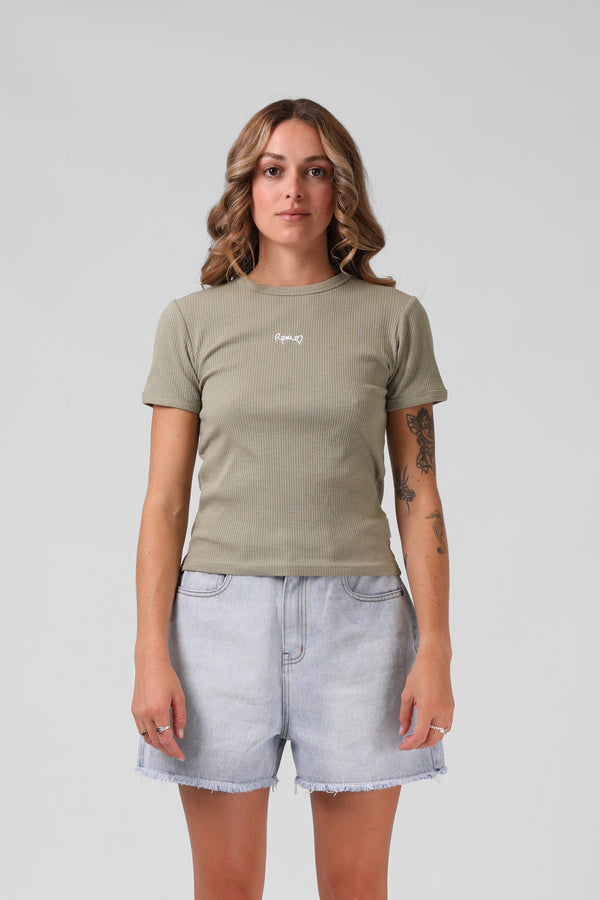 Heart Ribbed Tee - Light Olive