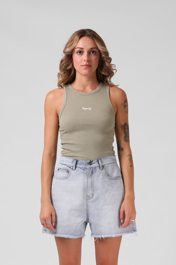 Heart Ribbed Singlet - Light Olive